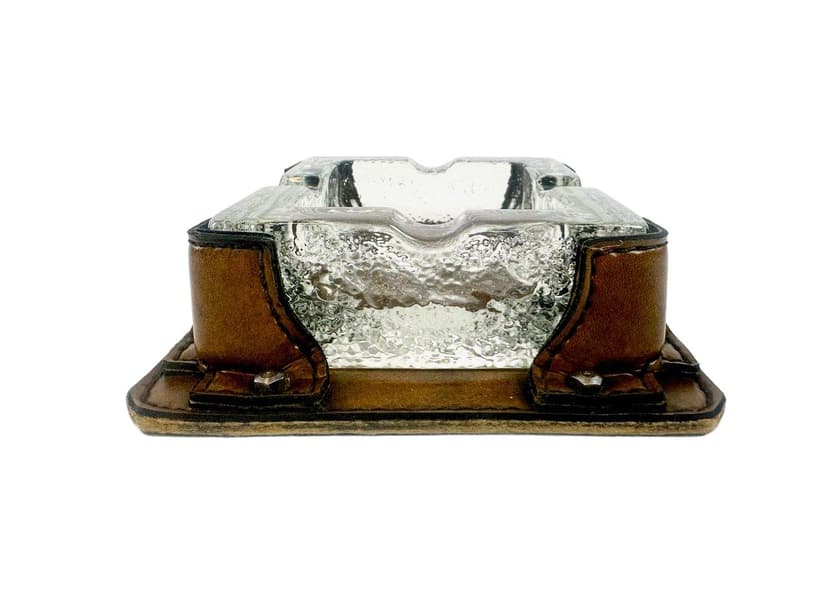 Popielniczka, kryształ brązowy, skóra naturalna brązowa, Niemcy, lata 70.