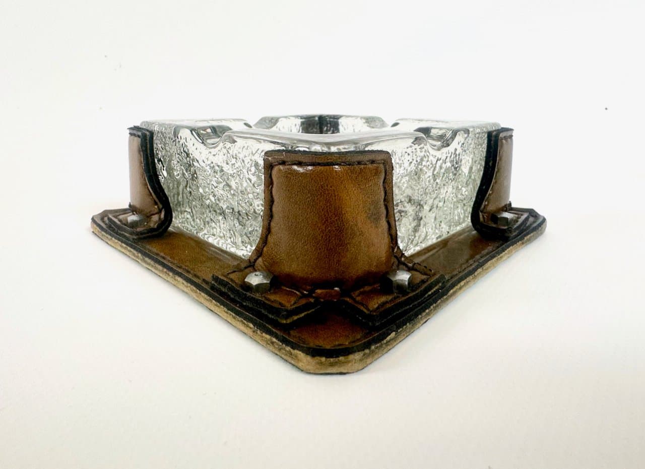 Popielniczka, kryształ brązowy, skóra naturalna brązowa, Niemcy, lata 70. - 149815