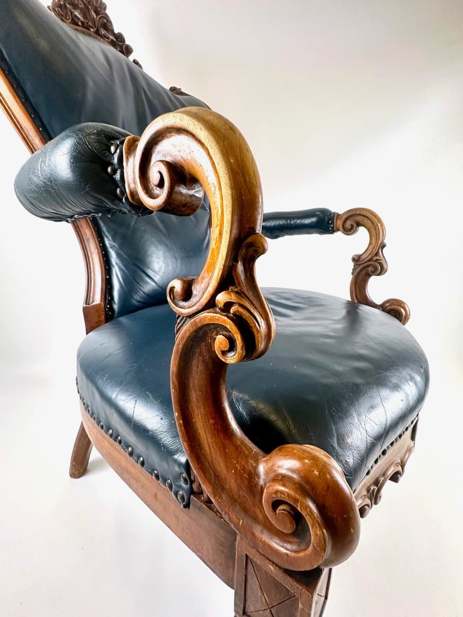 Fotel, niebieska skóra, orzech, Francja, XIX w. - 150055
