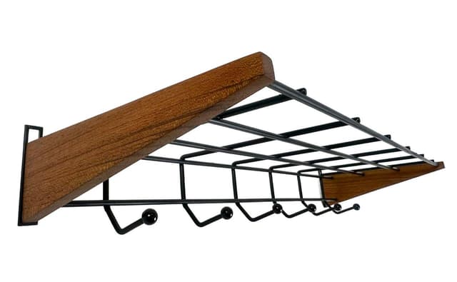 Wieszak ścienny String, teak brązowy, metal czarny, Niemcy, lata 60. - WYMIARY