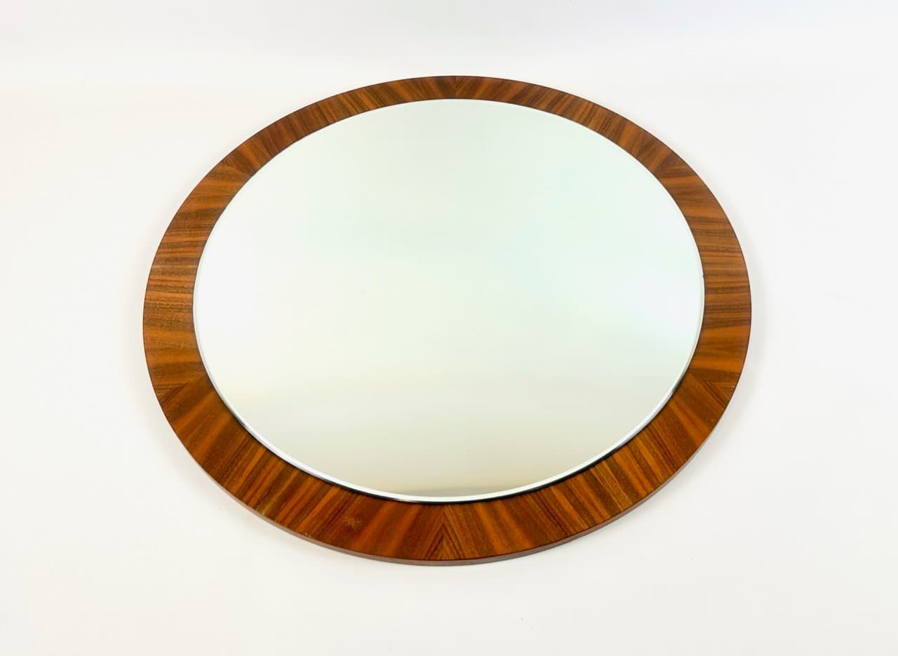 Wall mirror round, brown teak, crystal, Germany, 1960s - 150124