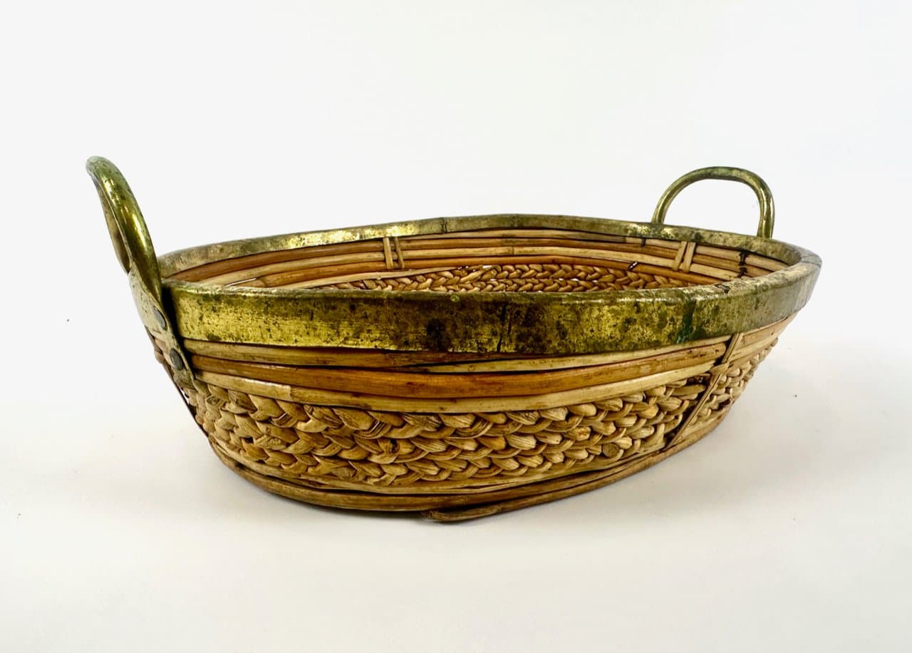 Misa-kosz, beżowy, rattan bambus, mosiądz, Włochy, lata 60. - 150178