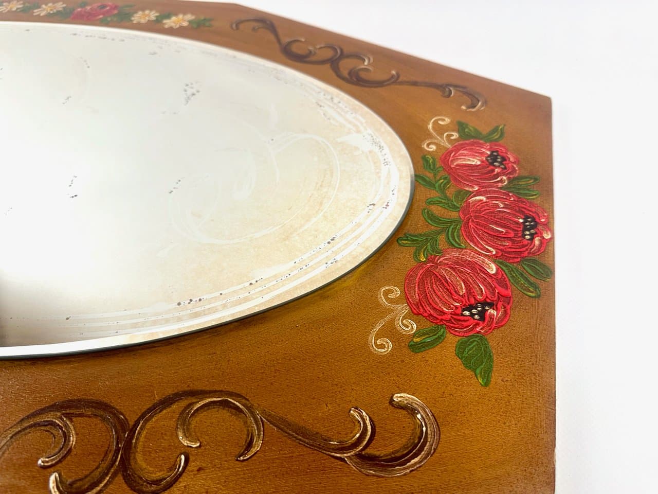 Wall mirror, hand-painted, brown wood, glass, Austria, 1980s. - 150188