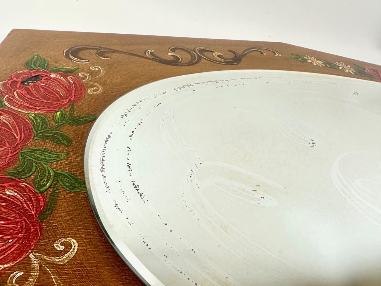 Wall mirror, hand-painted, brown wood, glass, Austria, 1980s. - 150189