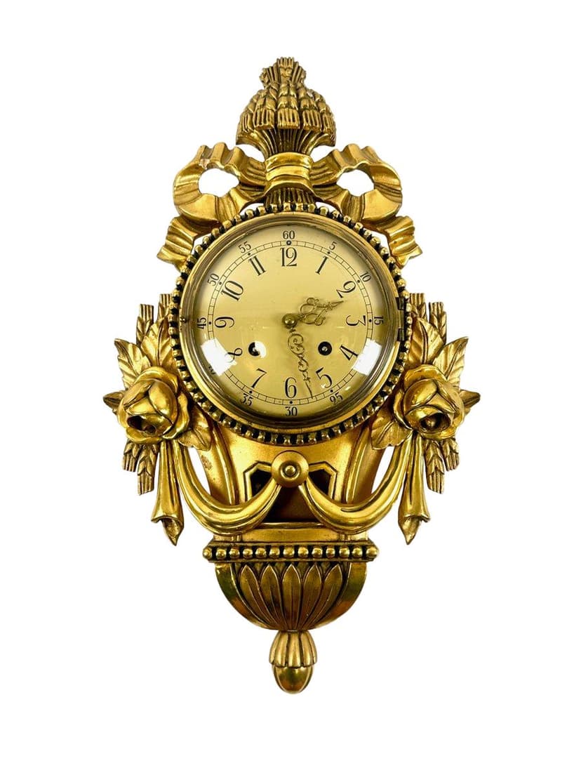 Zegar ścienny Rococo, złoty, drewno, Szwecja, lata 60.