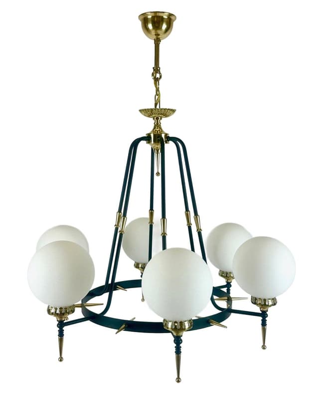 Żyrandol sześcioramienny postmodernistyczny, żeliwo czarne, mosiądz złoty, szkło mleczne, lata 70. - WYMIARY