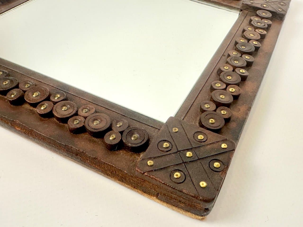 Mirror Folk Art, brown leather, Hungary, 1960s. - 150568