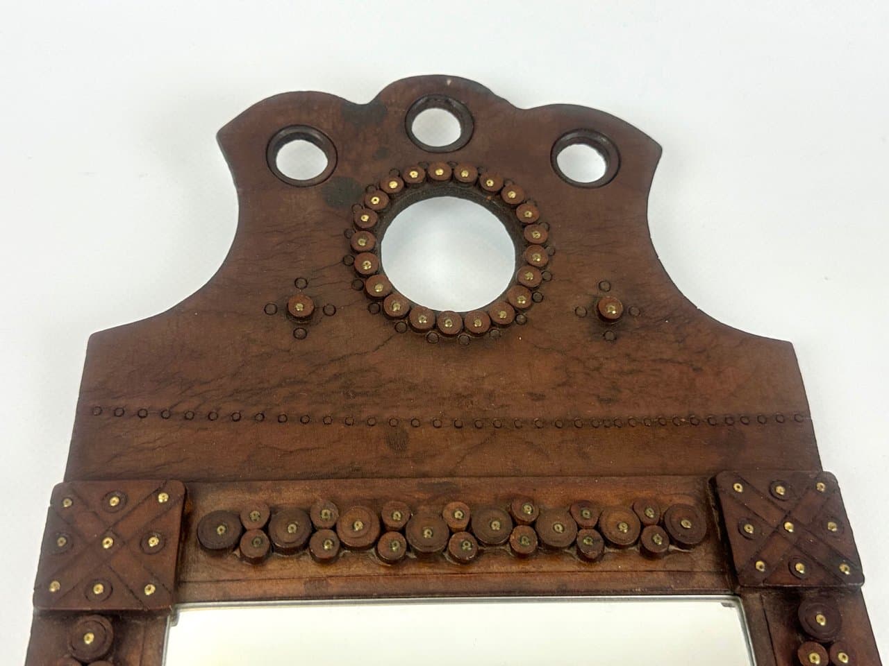 Mirror Folk Art, brown leather, Hungary, 1960s. - 150569