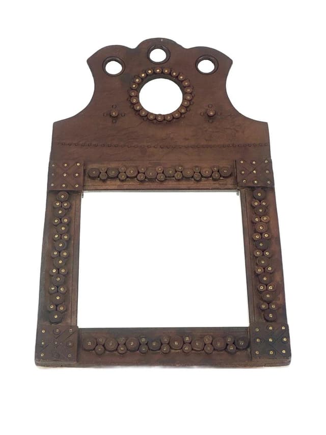 Mirror Folk Art, brown leather, Hungary, 1960s. - DIMENSION