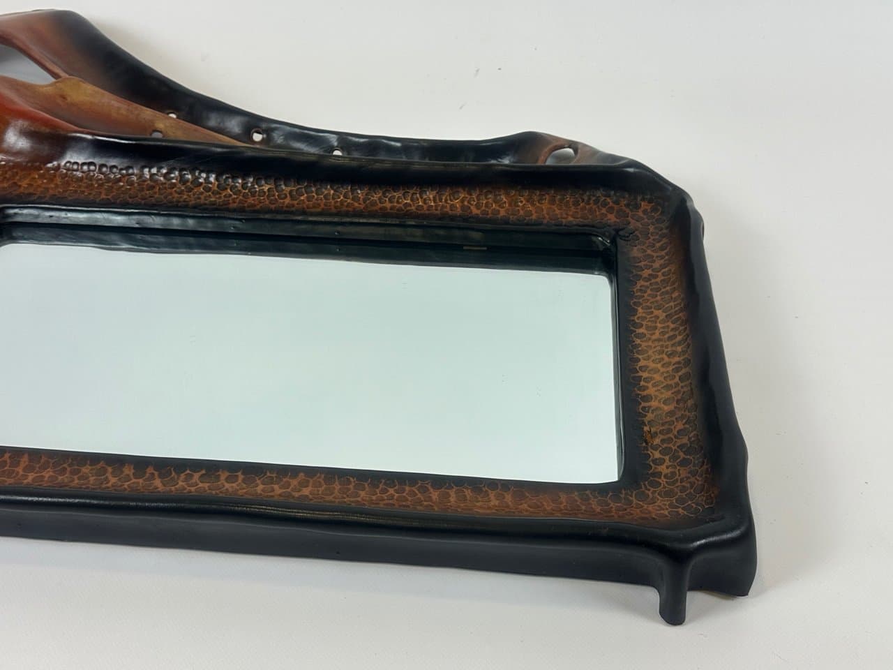 Mirror Brutalist, brown leather, glass, wood, Poland, 1970s. - 150964