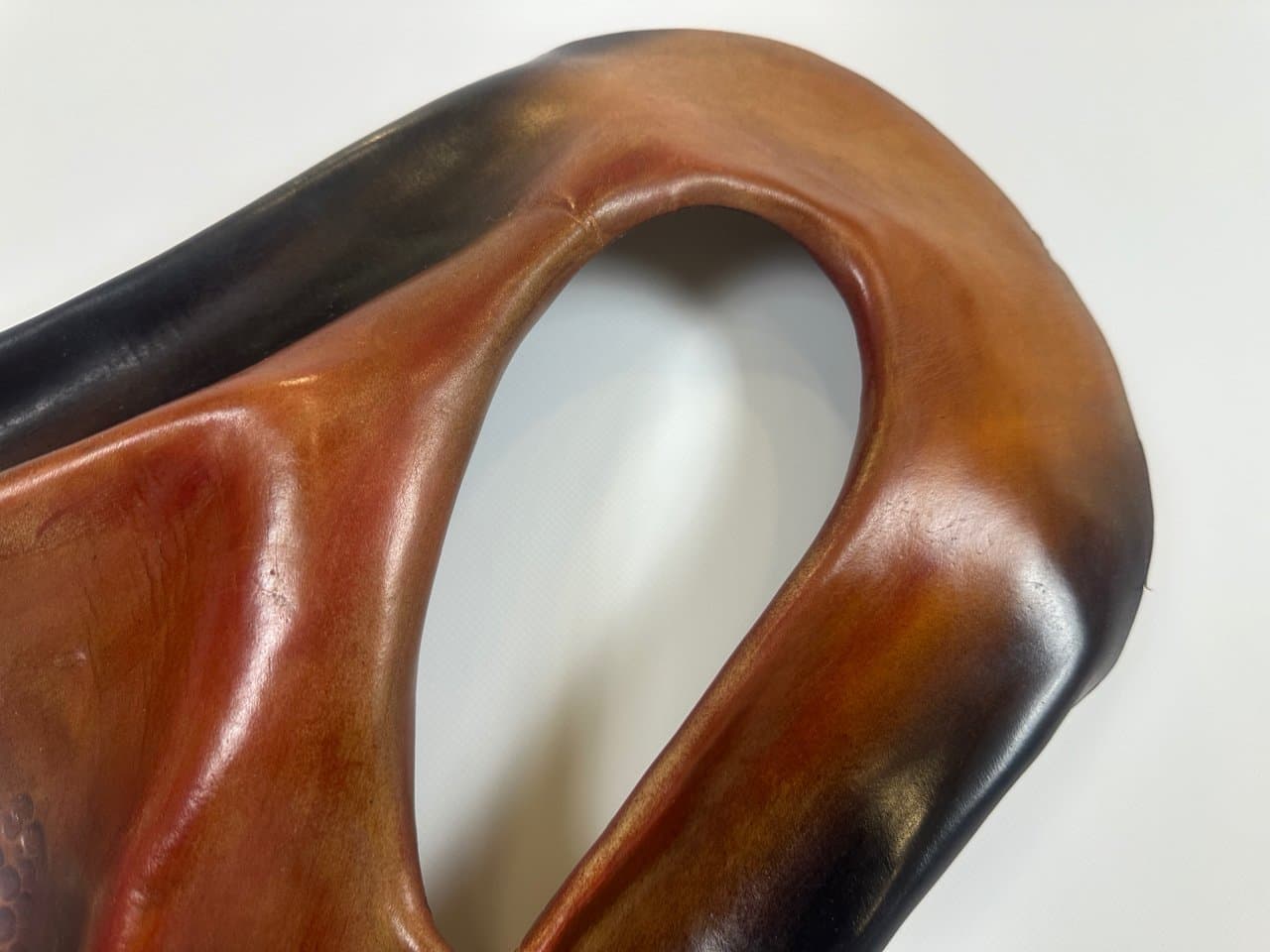 Mirror Brutalist, brown leather, glass, wood, Poland, 1970s. - 150968