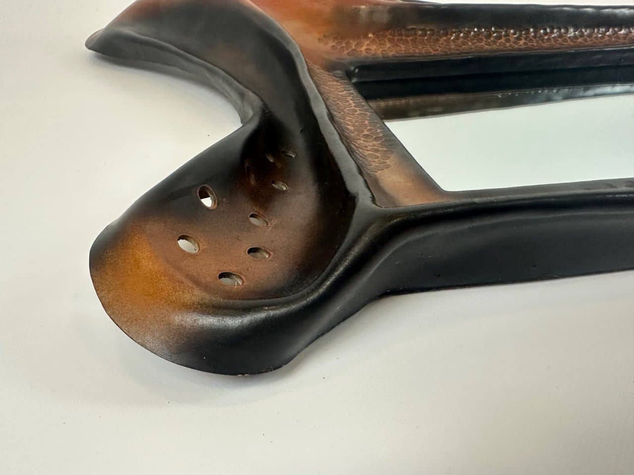 Mirror Brutalist, brown leather, glass, wood, Poland, 1970s. - 150971