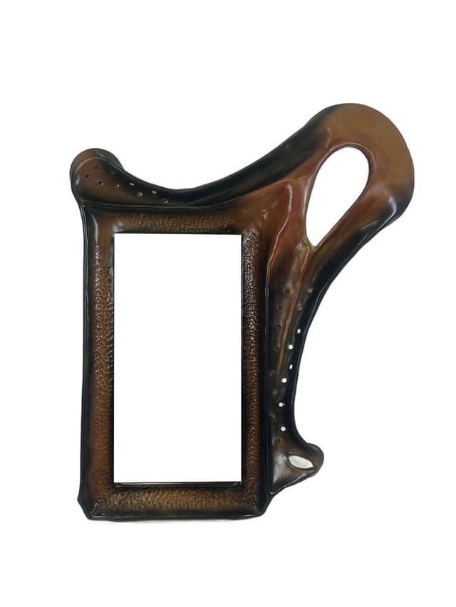 Mirror Brutalist, brown leather, glass, wood, Poland, 1970s. - DIMENSION