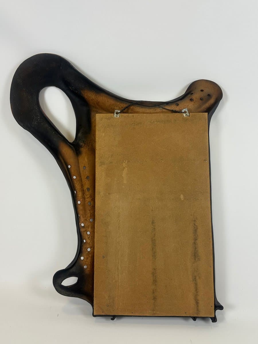 Mirror Brutalist, brown leather, glass, wood, Poland, 1970s. - 150975