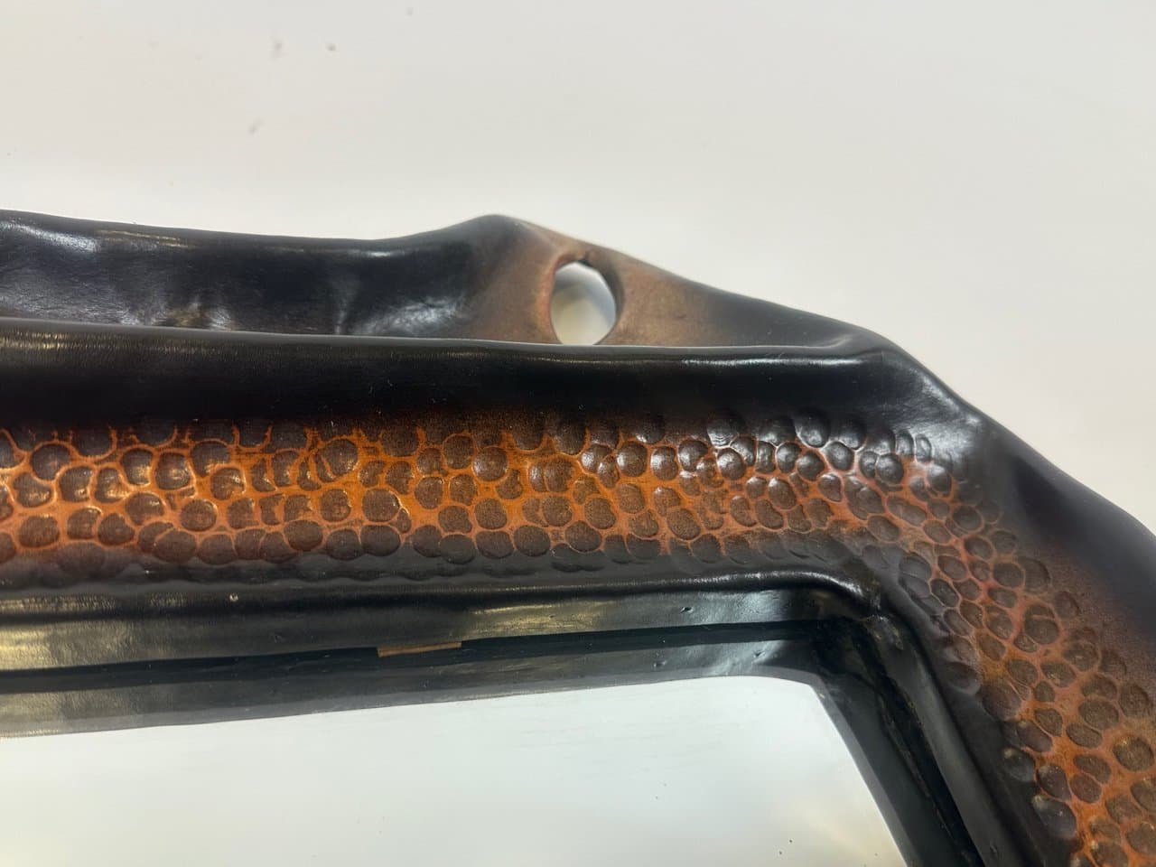 Mirror Brutalist, brown leather, glass, wood, Poland, 1970s. - 150966