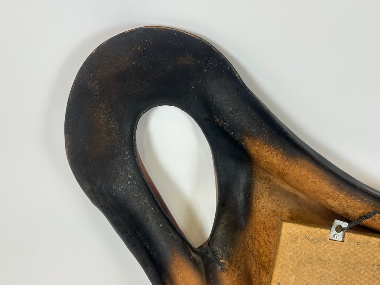 Mirror Brutalist, brown leather, glass, wood, Poland, 1970s. - 150970