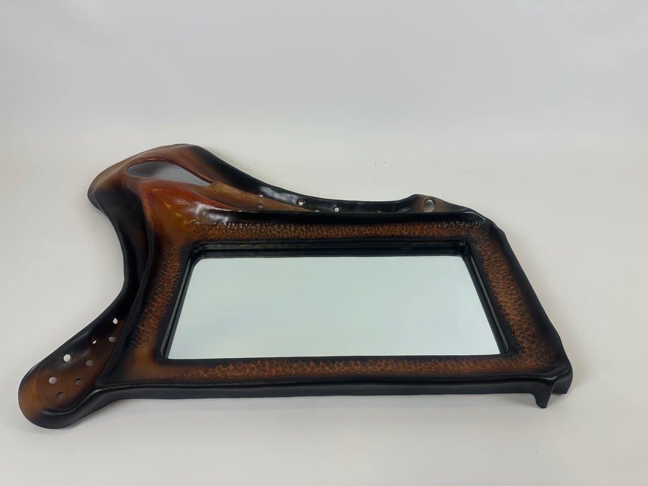 Mirror Brutalist, brown leather, glass, wood, Poland, 1970s. - 150963