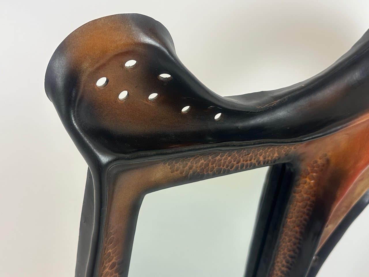 Mirror Brutalist, brown leather, glass, wood, Poland, 1970s. - 150972