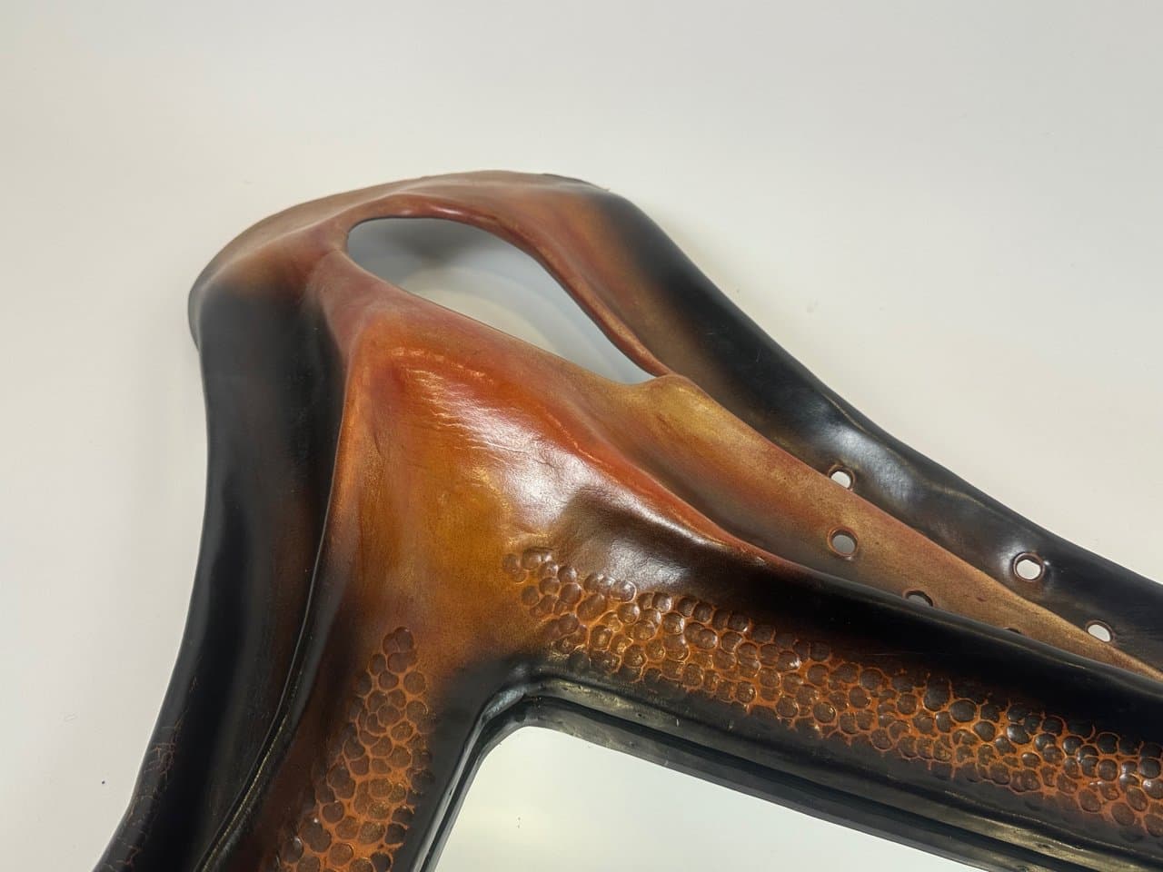 Mirror Brutalist, brown leather, glass, wood, Poland, 1970s. - 150969