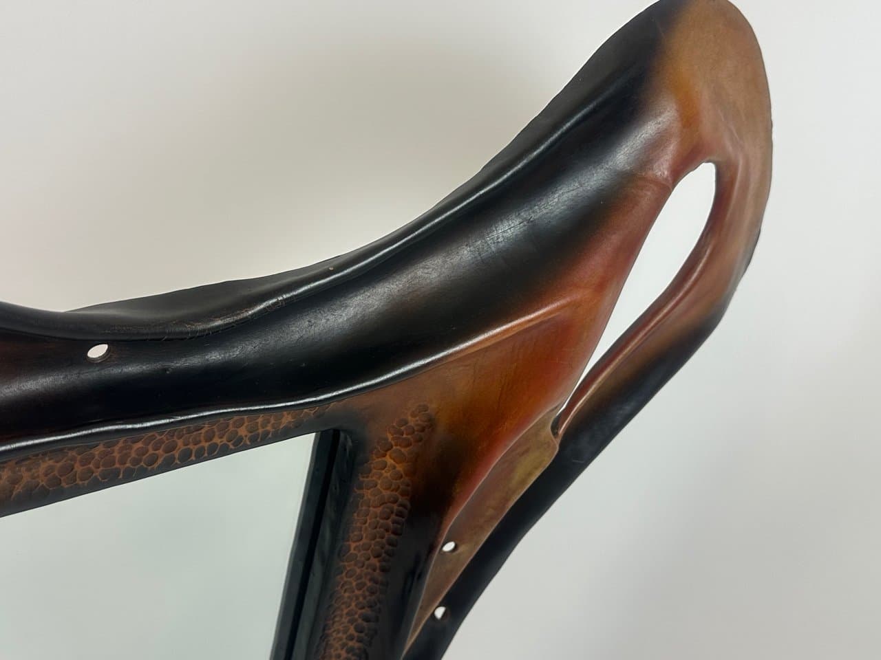 Mirror Brutalist, brown leather, glass, wood, Poland, 1970s. - 150965