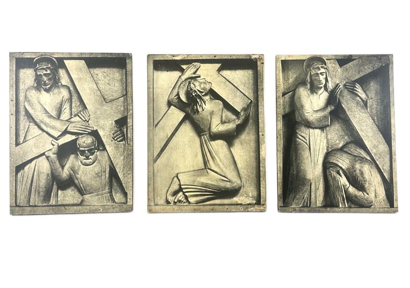Set of Three Boards Stations of the Cross Brutalist, black, ivory, paper, plywood, Germany, 1960s.