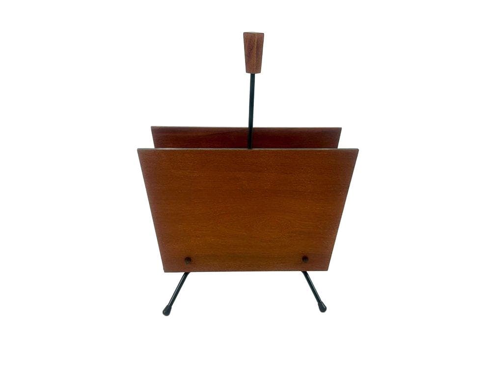 Magazine rack, brown teak, black metal, Denmark, 1960s.