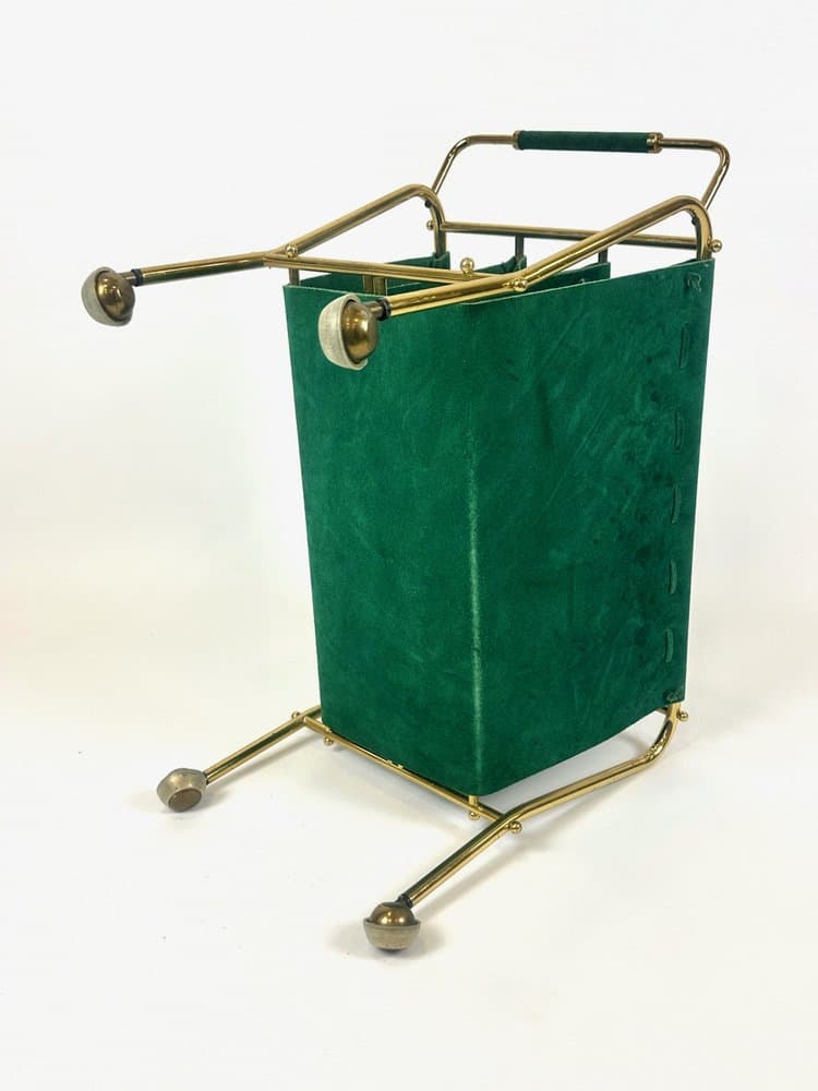 Magazine rack trolley, green leather, brass, Germany, 1950s - 151046