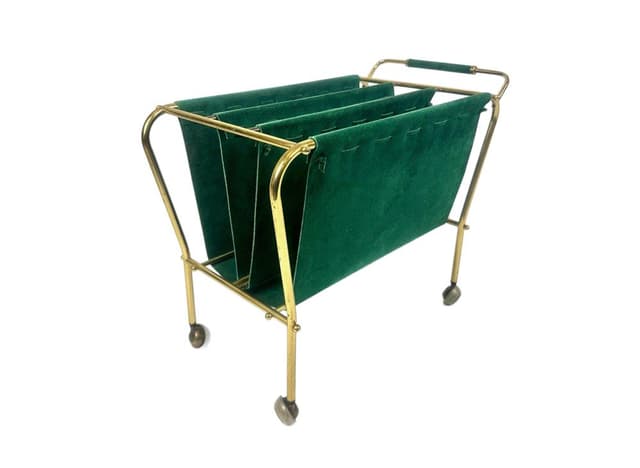 Magazine rack trolley, green leather, brass, Germany, 1950s - DIMENSION