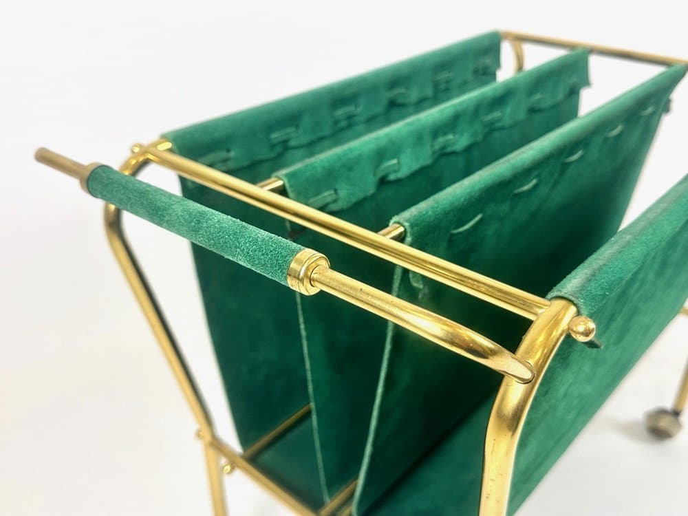 Magazine rack trolley, green leather, brass, Germany, 1950s - 151048