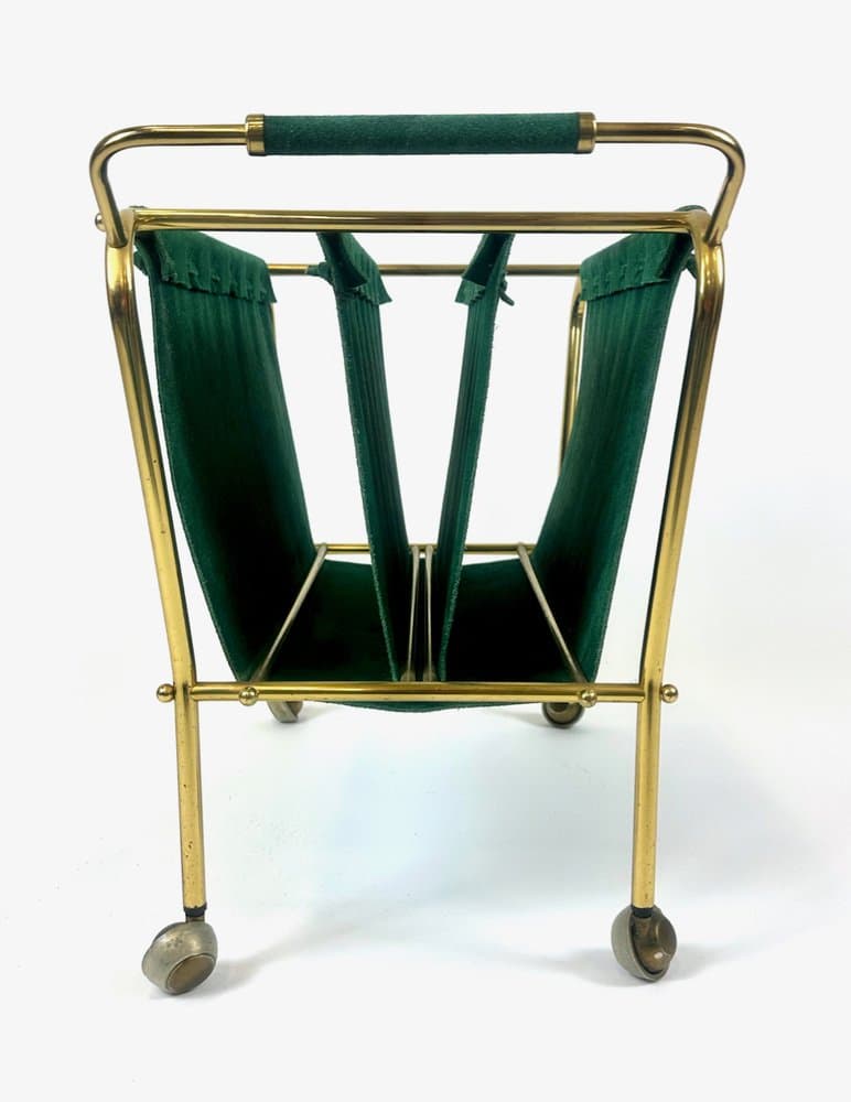 Magazine rack trolley, green leather, brass, Germany, 1950s - 151044