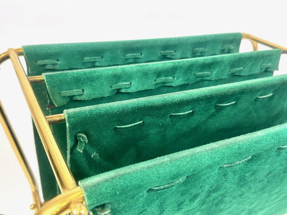 Magazine rack trolley, green leather, brass, Germany, 1950s - 151047