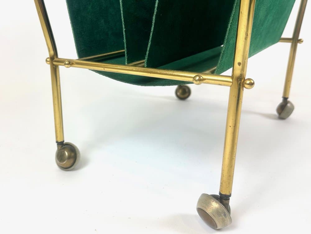 Magazine rack trolley, green leather, brass, Germany, 1950s - 151050