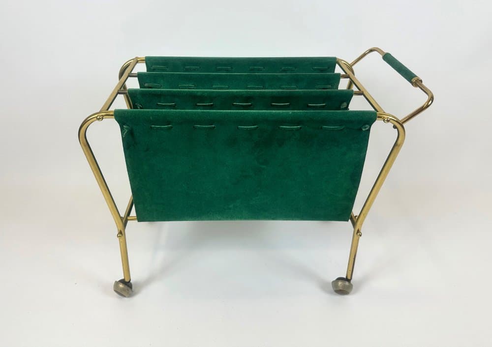 Magazine rack trolley, green leather, brass, Germany, 1950s - 151041