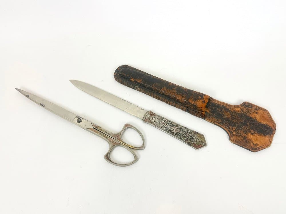 Zestaw biurkowy secesyjny, brązowy, skóra naturalna, stal, złocenie, Niemcy, lata 10. - 151154