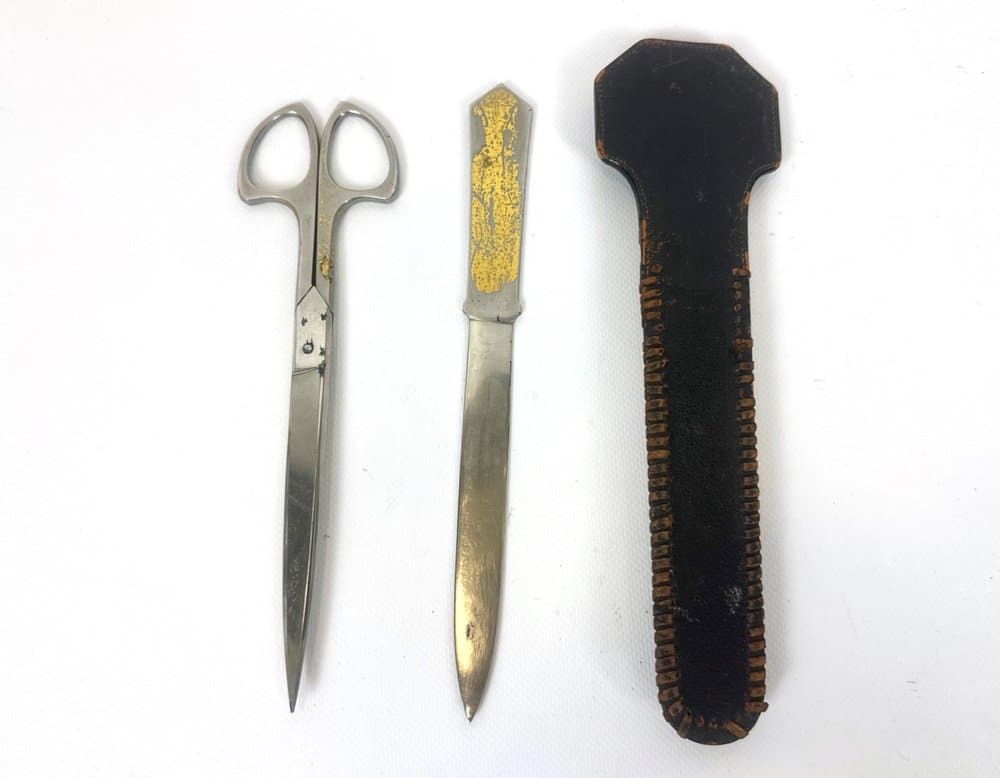 Zestaw biurkowy secesyjny, brązowy, skóra naturalna, stal, złocenie, Niemcy, lata 10. - 151155