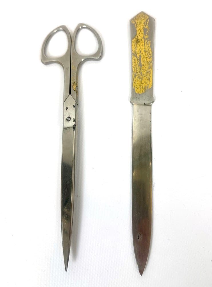 Zestaw biurkowy secesyjny, brązowy, skóra naturalna, stal, złocenie, Niemcy, lata 10. - 151152