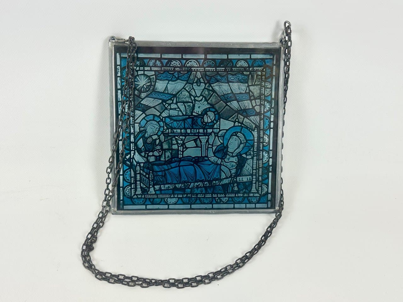 Panel witrażowy wiszący, niebieski, szkło, Francja, lata 50. - 151166