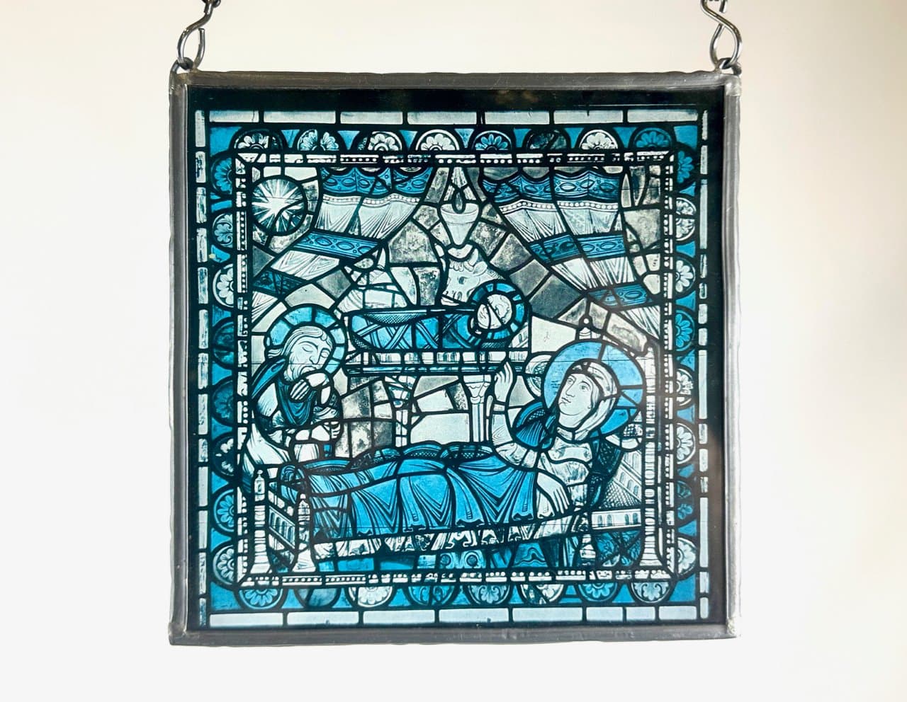 Panel witrażowy wiszący, niebieski, szkło, Francja, lata 50. - 151168