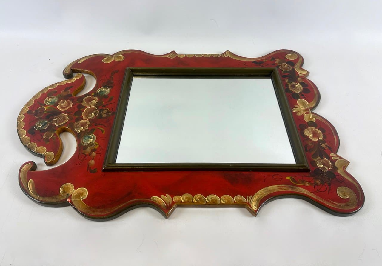 Lustro ścienne Folk Art, czerwony, szkło, drewno, Austria, lata 70. - 151225