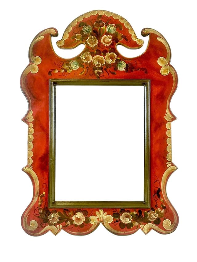 Lustro ścienne Folk Art, czerwony, szkło, drewno, Austria, lata 70. - WYMIARY