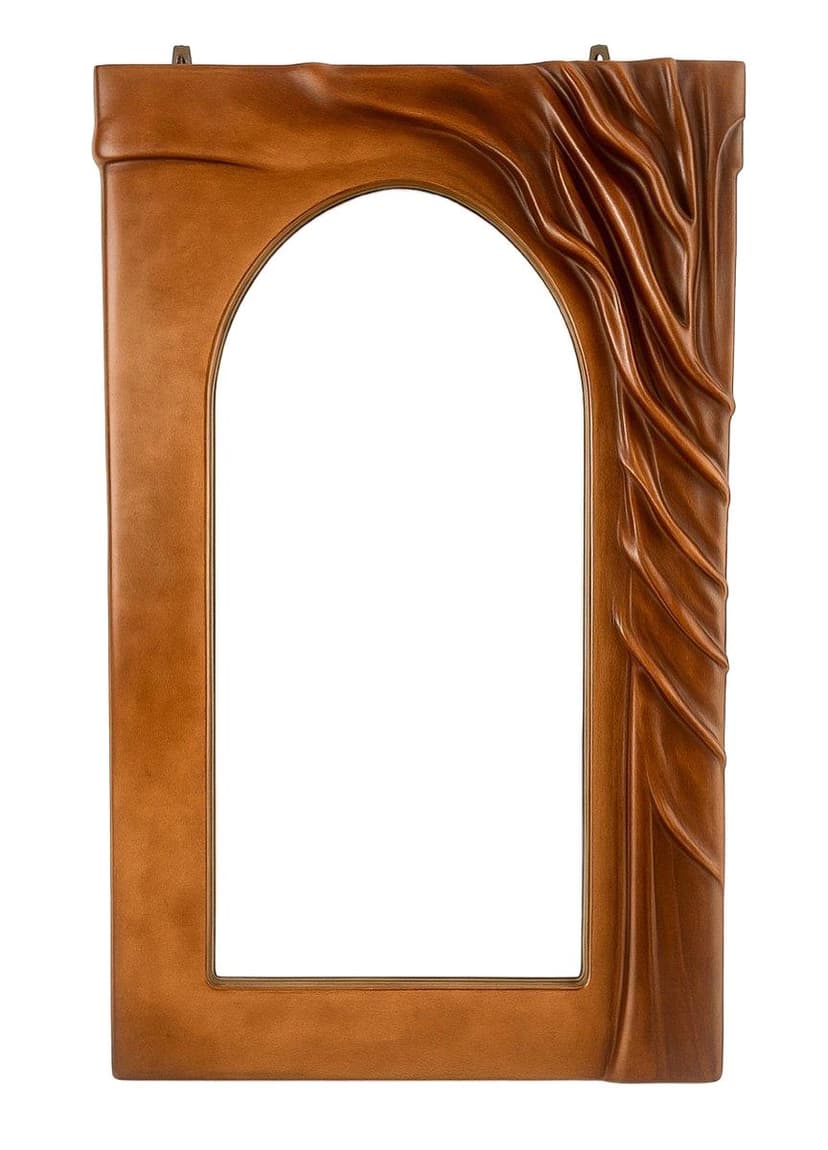Mirror, Brutalism, light brown leather, glass, wood, Poland, 1970s