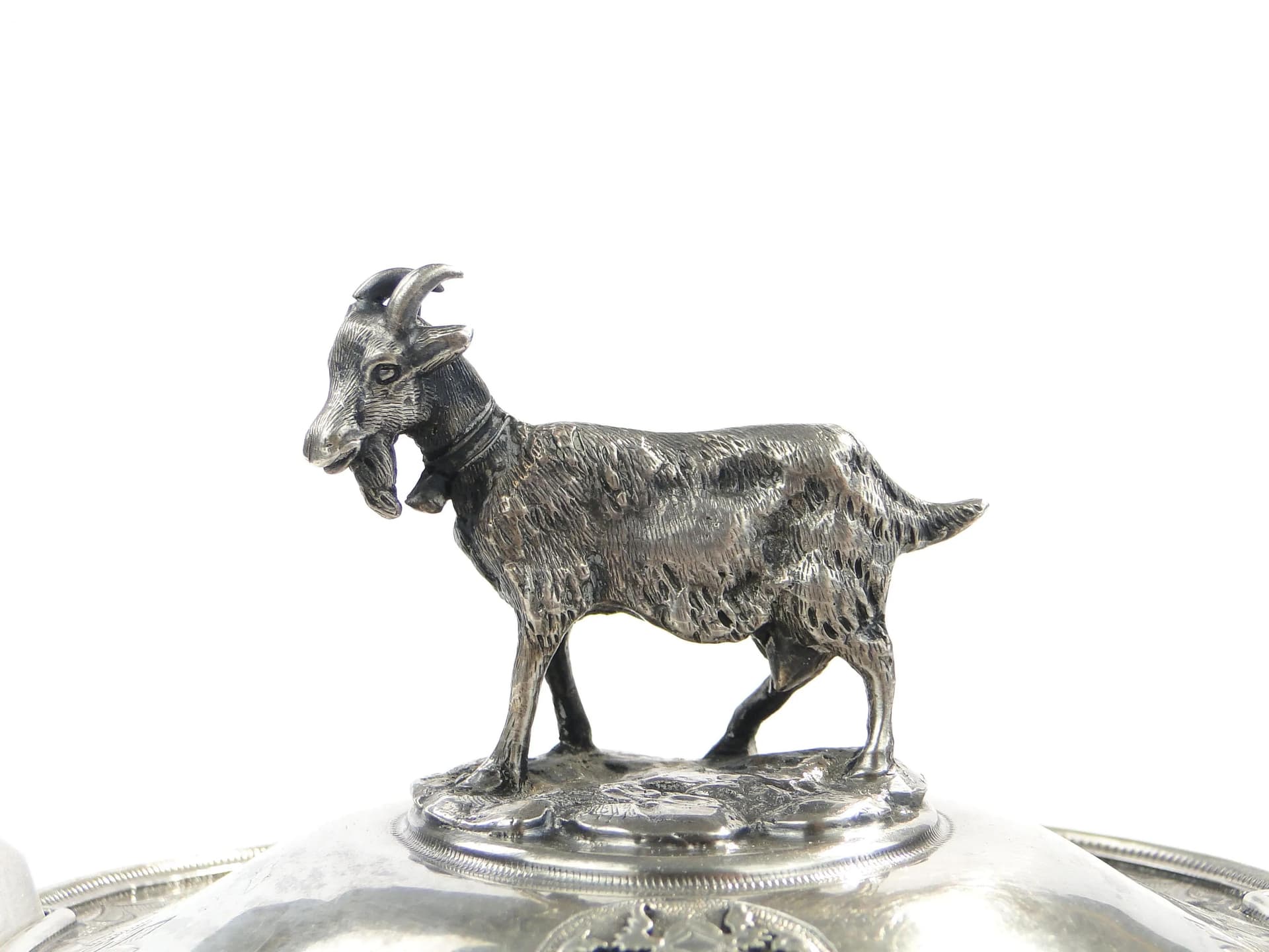 Pojemnik na ser z pokrywką figuralną, turkusowy, szkło, srebro, Francja, XIX w. - 9280