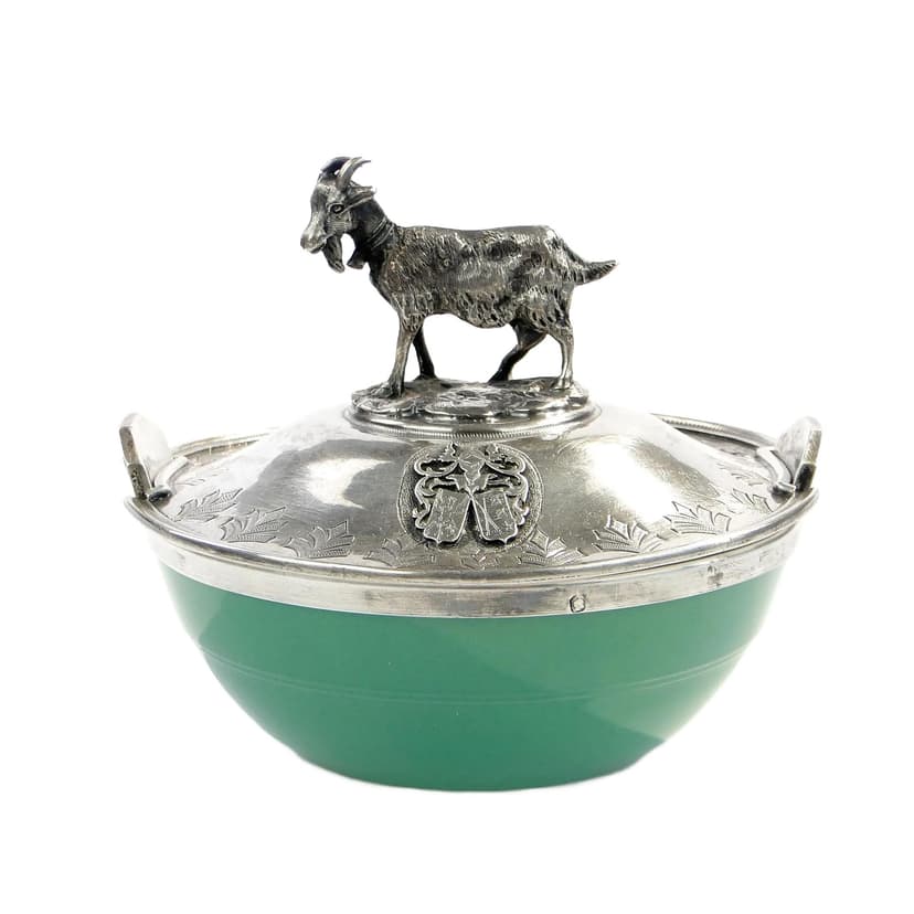 Pojemnik na ser z pokrywką figuralną, turkusowy, szkło, srebro, Francja, XIX w.