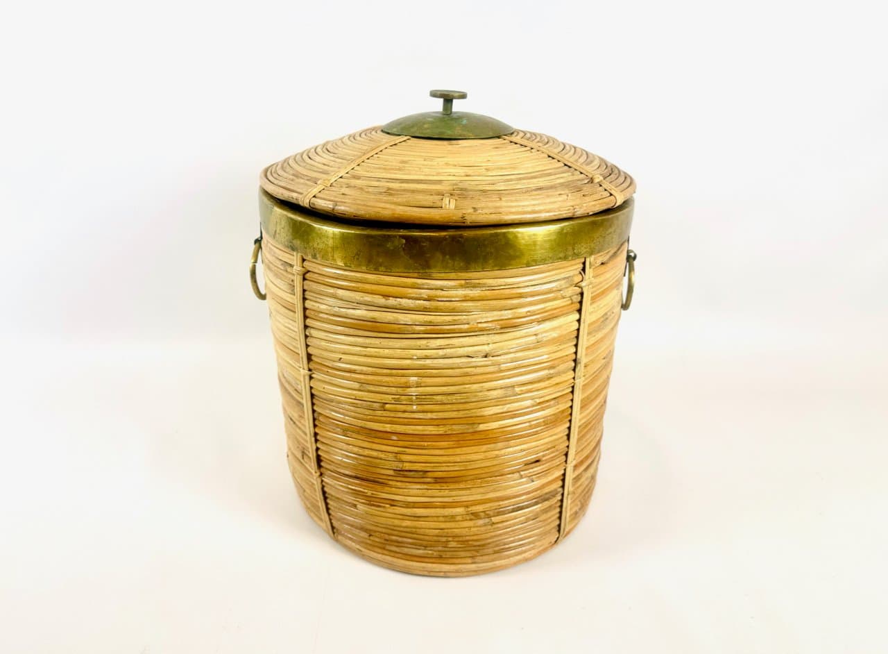 Kosz mid-century, beżowy, bambus, mosiądz, Włochy, lata 50. - 151289
