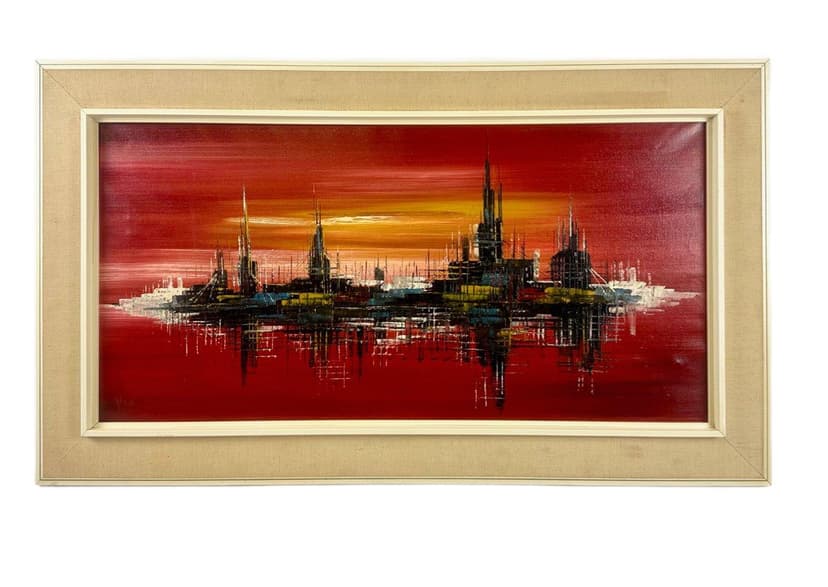 Painting Skyscrapers, red, by V. Vette, Germany, 1950s