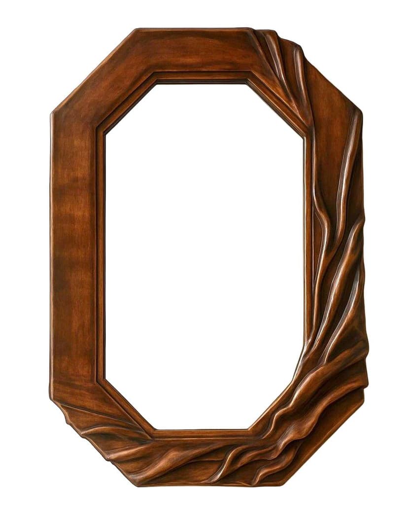 Mirror Brutalist, brown leather, glass, wood, Poland, 1970s.