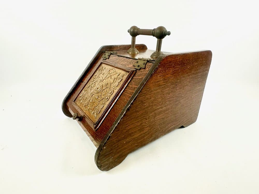 Pojemnik na węgiel wiktoriański, dąb brązowy, mosiądz złoty, XIX w. - 151375