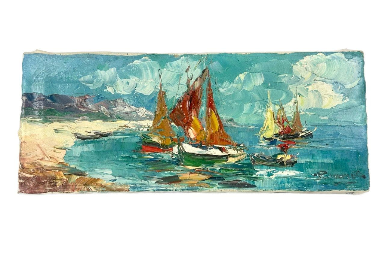 Obraz Ships, multikolor, olej na płótnie, art. W. Prescher van Ed, Niemcy, lata 80.