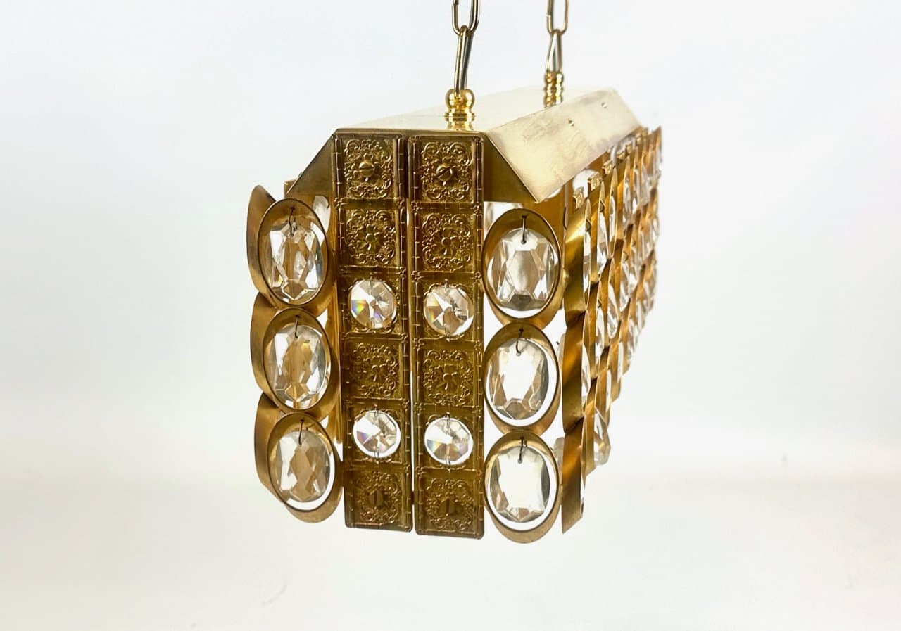 Żyrandol prostokątny, transparentny kryształ, mosiądz złocony, Niemcy, lata 60. - 151568