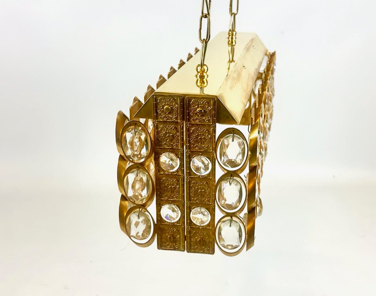 Żyrandol prostokątny, transparentny kryształ, mosiądz złocony, Niemcy, lata 60. - 151567